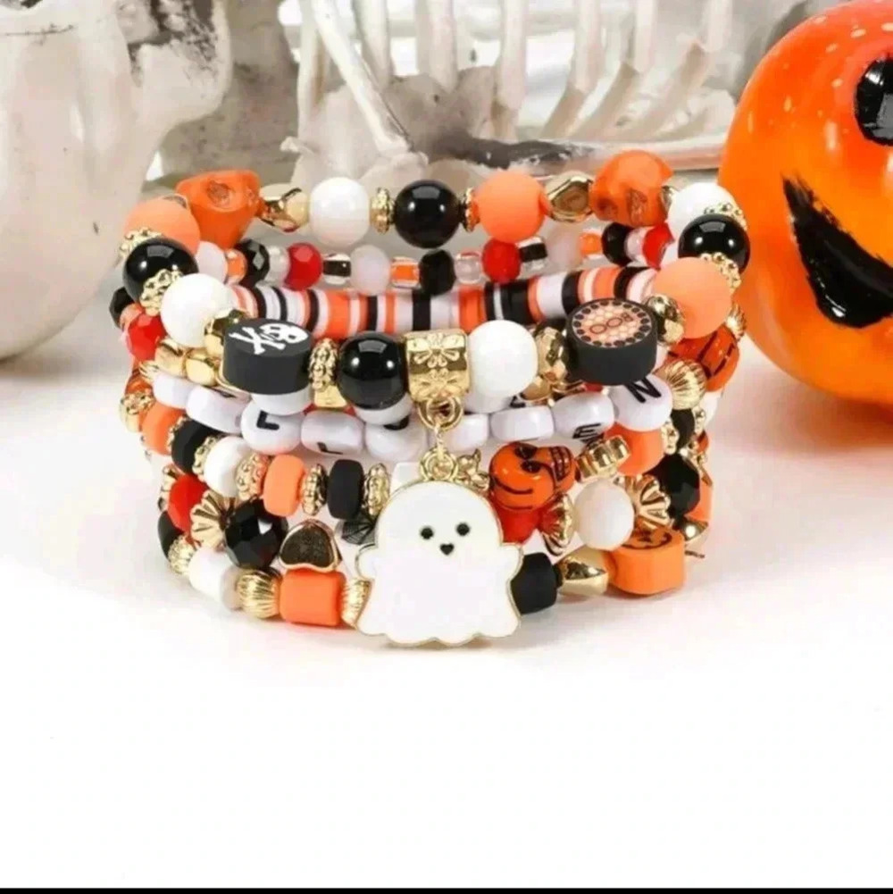 6 pack Halloween beaded bracelet set orange black gold women's accessories backp